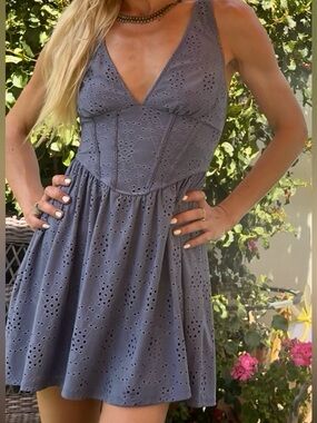 Eyelet V-Neck A-Line Dress in Slate Blue